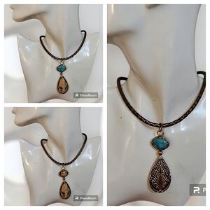 BARSE Interchangeable Jasper Turquoise Pendant Bronze Leather Cord Necklace